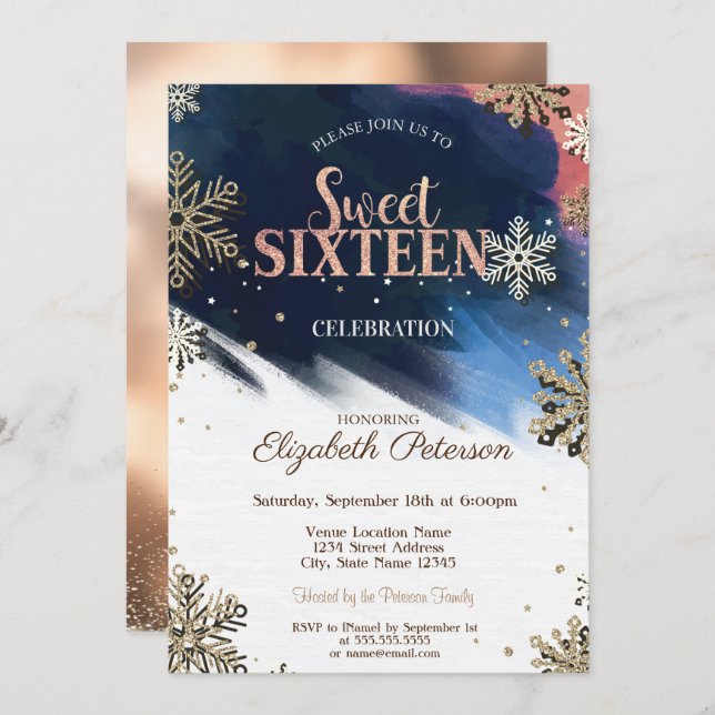 Snowflakes,Confetti,Brush Stroke,Bokeh Sweet 16 Invitation (Front/Back)