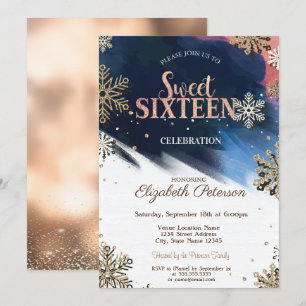 Snowflakes,Confetti,Brush Stroke,Bokeh Sweet 16 Invitation