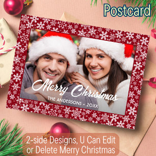 Snowflakes Custom Photo Christmas Script Red Holiday Postcard