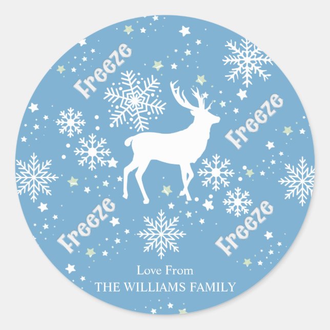 Snowflakes deer blue classic round sticker (Front)
