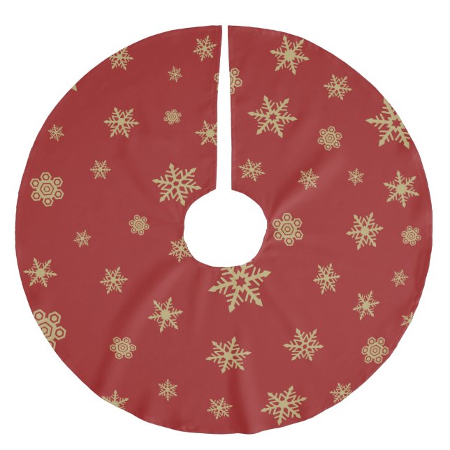 Snowflakes Design Gold on Red Brushed Polyester Tree Skirt (Front)