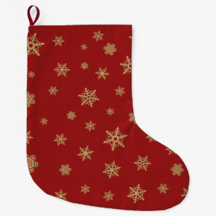 Snowflakes Design Gold on Red Large Christmas Stocking