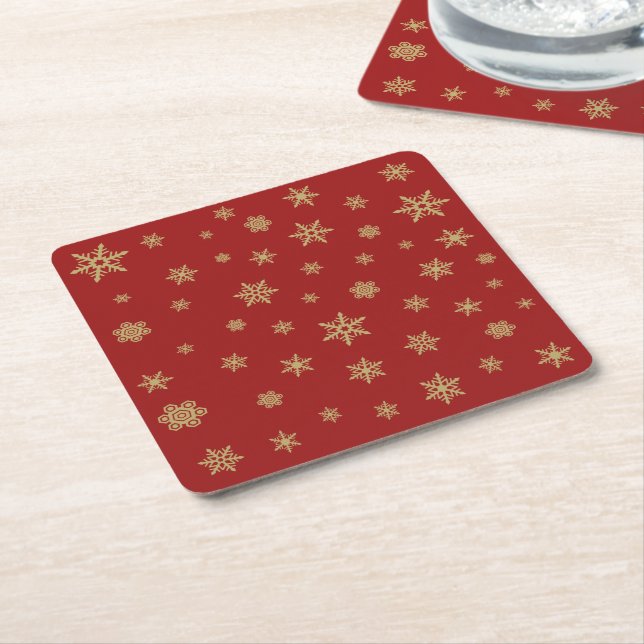 Snowflakes Design Gold on Red Square Paper Coaster (Angled)