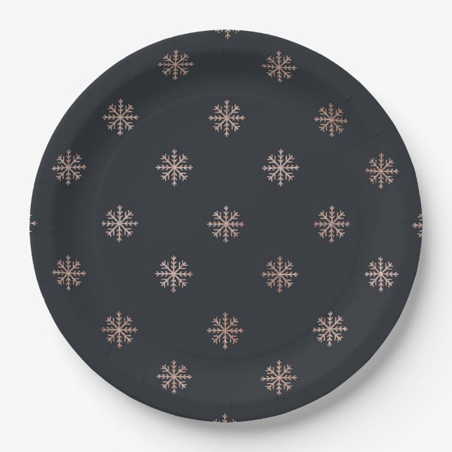 Snowflakes Elegant Black and Gold Christmas Paper Plate (Front)
