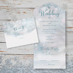 Snowflakes Elegant Script Winter Wedding All In One Invitation<br><div class="desc">All in one winter wedding invitation featuring snowflakes on a winter frost background. The invitation includes a perforated RSVP card that can be individually addressed or left blank for you to handwrite your guest's address details. Designed by Thisisnotme©</div>