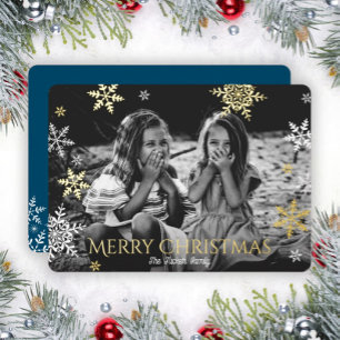 Snowflakes Falling Full Photo Blue Christmas Gold Foil Holiday Card