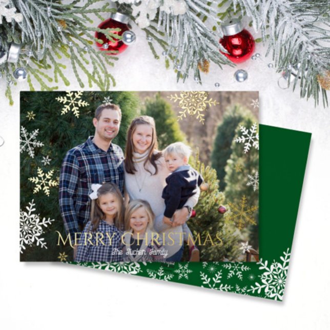 Snowflakes Falling Full Photo Green Christmas Gold Foil Holiday Card (Creator Uploaded)