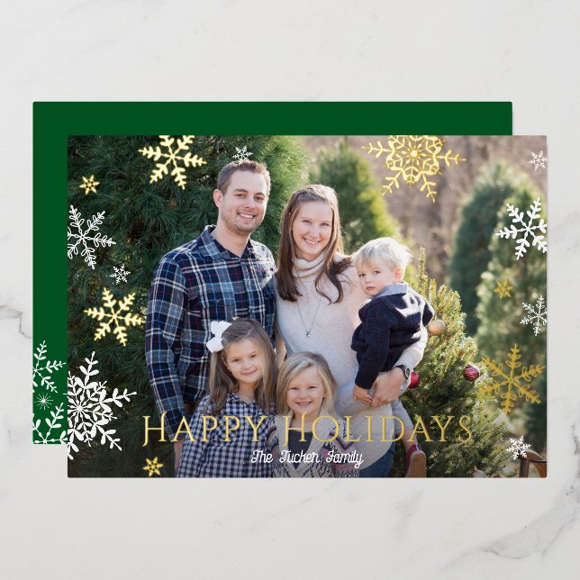 Snowflakes Falling Happy Holidays Green Gold Foil Holiday Card (Front/Back)