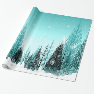 Snowflakes Falling in Aqua Winter Forest Wrapping Paper