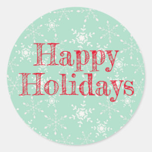 Snowflakes Falling, Mint Green, Happy Holidays Classic Round Sticker