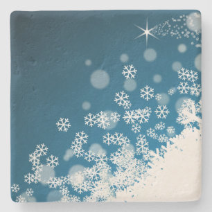 Snowflakes Falling on Blue Christmas Stone Coaster