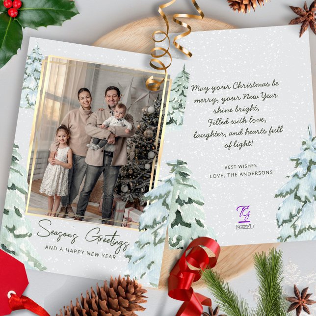 Snowflakes Family Photo Scandi Pine Christmas Tree Holiday Card (Creator Uploaded)