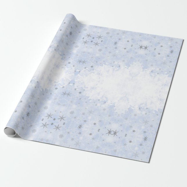 Snowflakes faux metal on baby blue pastel colour wrapping paper (Unrolled)
