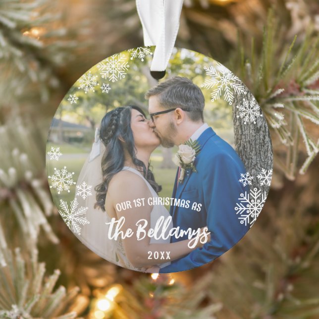 Snowflakes First Christmas As Married Last Name Ornament (Tree)
