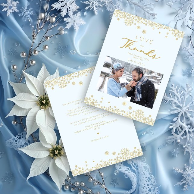 Snowflakes First Merry Christmas Fake Golden Thank You Card (Snowflakes First Merry Christmas Fake Golden Effect Romantic Typography Thank You Card with Envelope)