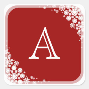 Snowflakes Frame Monogram Red Christmas Holiday Square Sticker