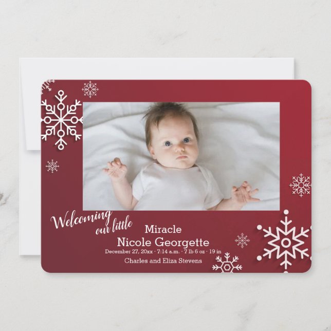 Snowflakes Frame Photo Birth Announcement (Front)