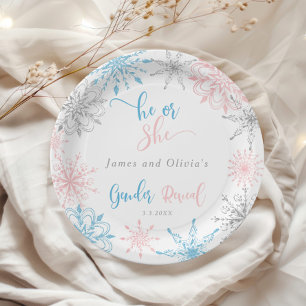 Snowflakes gender reveal he or she paper plate