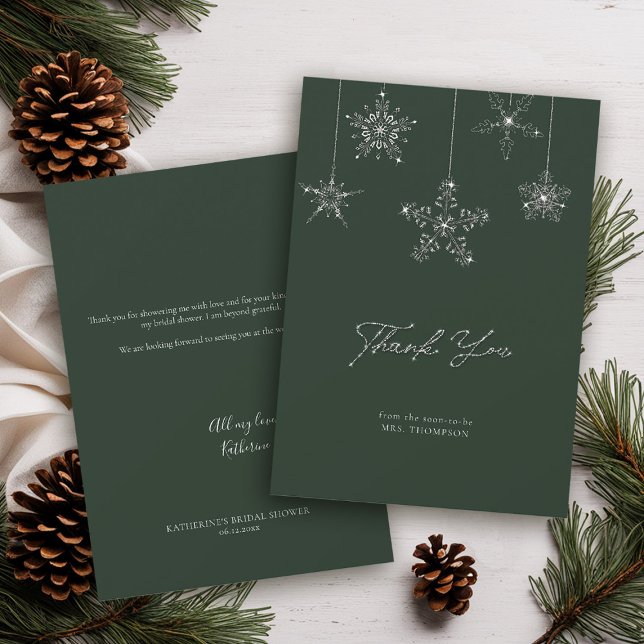 Snowflakes Glitter Green Winter Bridal Thank You Card (winter bridal shower thank you card sage green glitter snowflakes elegant script classy chic)