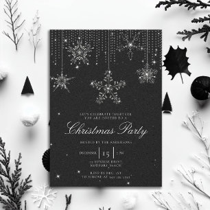 Snowflakes Glitter Sparkles Black White Christmas Invitation
