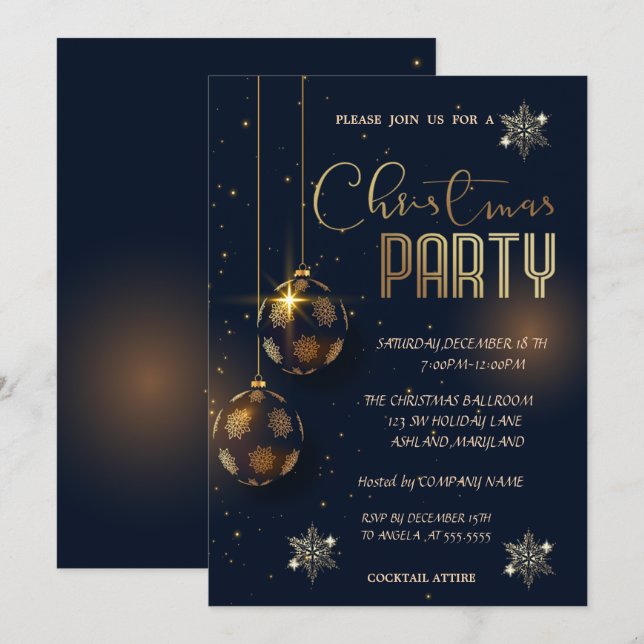 Snowflakes Gold Balls Christmas Corporated Invitation (Front/Back)