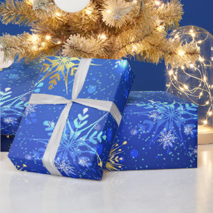 Snowflakes Gold Blue Xmas Christmas Gift Wrapping Paper