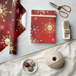 Snowflakes Gold Red Xmas Christmas Gift Wrapping Paper