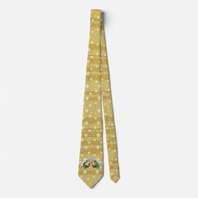 Snowflakes Gold Stripes White Ribbon Holly Tie (Front)