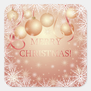 Snowflakes & Golden Christmas Balls on Peach Square Sticker