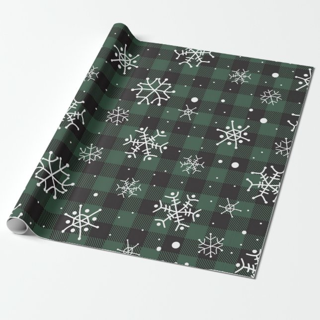 Snowflakes Green Black Buffalo Plaid Wrapping Paper (Unrolled)