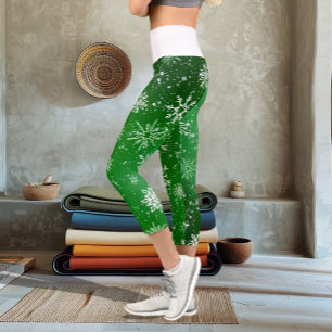 Snowflakes Green Capri Leggings