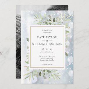 Snowflakes Greenery Leaves Photo Winter Wedding Invitation