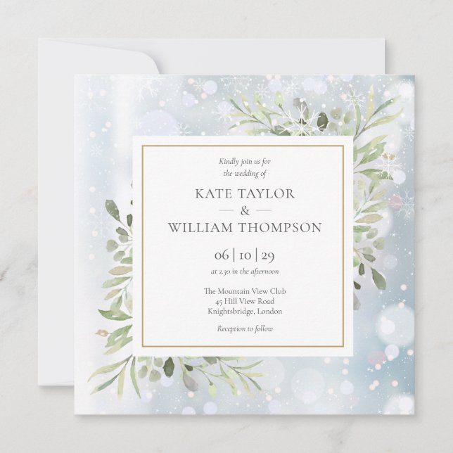 Snowflakes Greenery Watercolor Leaves Wedding Invitation (Front)