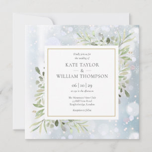 Snowflakes Greenery Watercolor Leaves Wedding Invitation