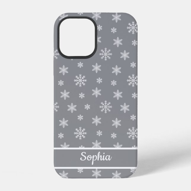 Snowflakes Grey pattern personalised name iPhone Case (Back)