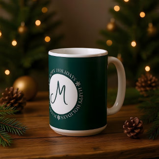 Snowflakes Happy Holidays Dark Green Monogram  Coffee Mug