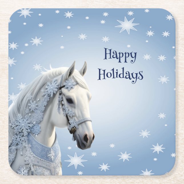 Snowflakes Horse Holiday Christmas Paper Coaster (Front)