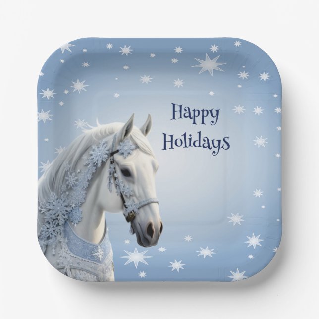 Snowflakes Horse Holiday Christmas Paper Plate (Front)