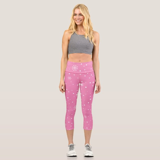 Snowflakes in Pink and White & Dots  Capri Leggings (Front)