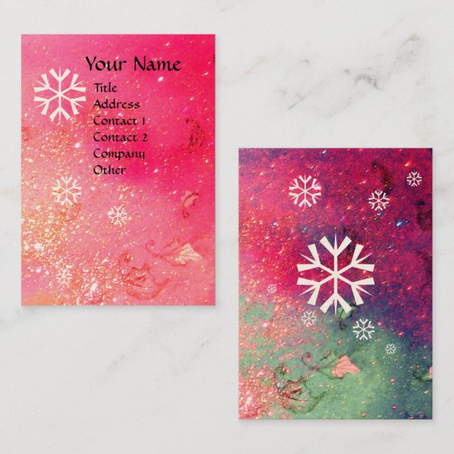 SNOWFLAKES IN SILVER PINK GREEN FLORAL SPARKLES BUSINESS CARD (Front/Back)