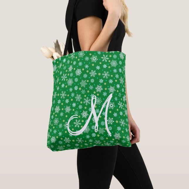 Snowflakes in Various Shapes Green Custom Monogram Tote Bag (Close Up)
