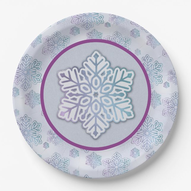 Snowflakes Iridescent Blue & Purple Paper Plate (Front)