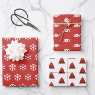 Snowflakes, Joy and Christmas Tree Red Pattern Wrapping Paper Sheet