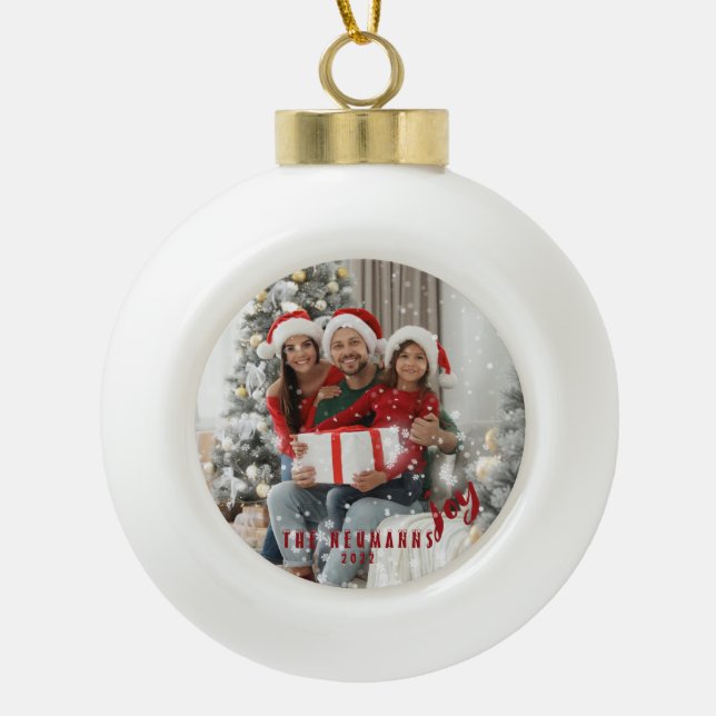 Snowflakes Joyful Holiday Family Photo  Ceramic Or Ceramic Ball Christmas Ornament (Front)
