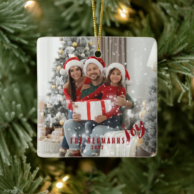 Snowflakes Joyful Holiday Family Photo  Ceramic Or Ceramic Ornament (Tree)