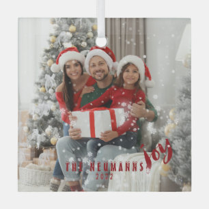 Snowflakes Joyful Holiday Family Photo   Glass Tree Decoration
