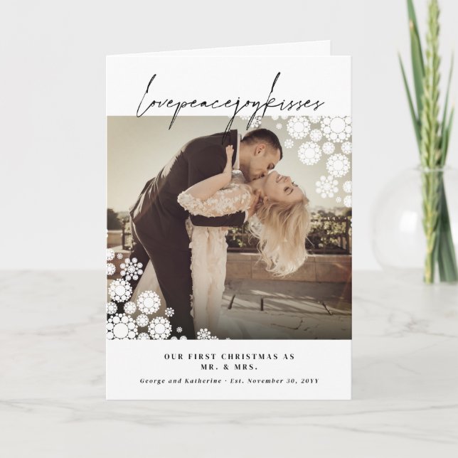 Snowflakes Love Peace Joy Kisses Photo Wedding Holiday Card (Front)