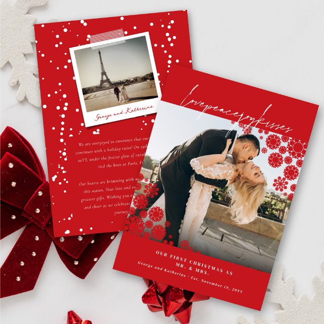 Snowflakes Love Peace Joy Kisses Photo Wedding Holiday Card (Creator Uploaded)