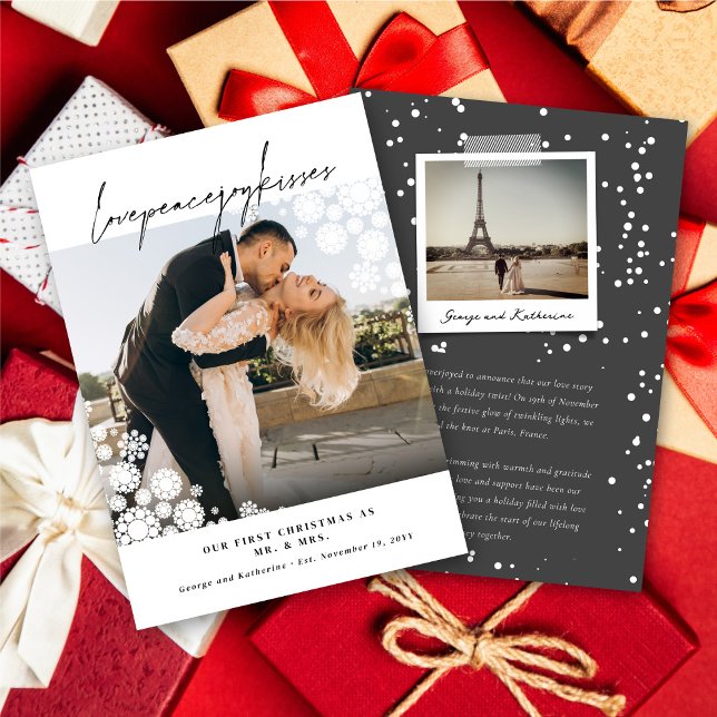 Snowflakes Love Peace Joy Kisses Photo Wedding Holiday Card (Creator Uploaded)