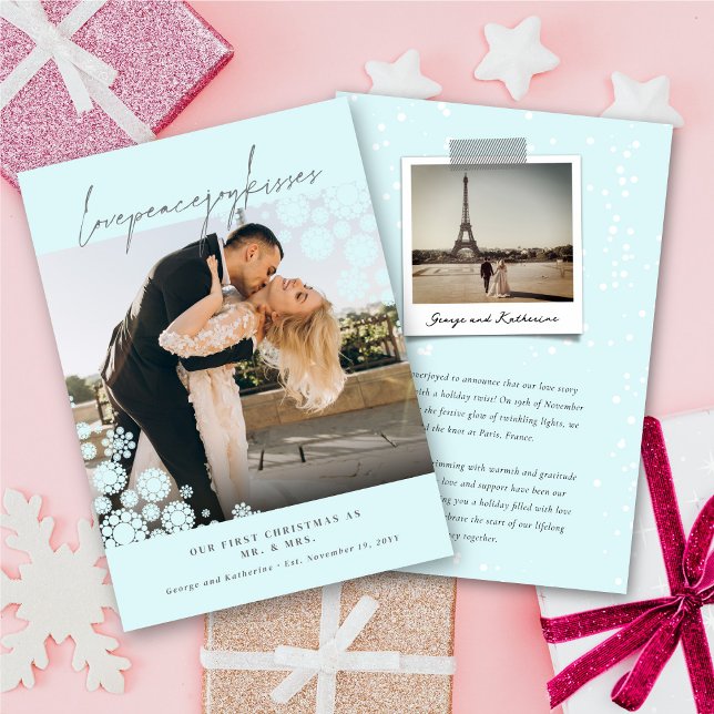 Snowflakes Love Peace Joy Kisses Photo Wedding Holiday Card (Creator Uploaded)